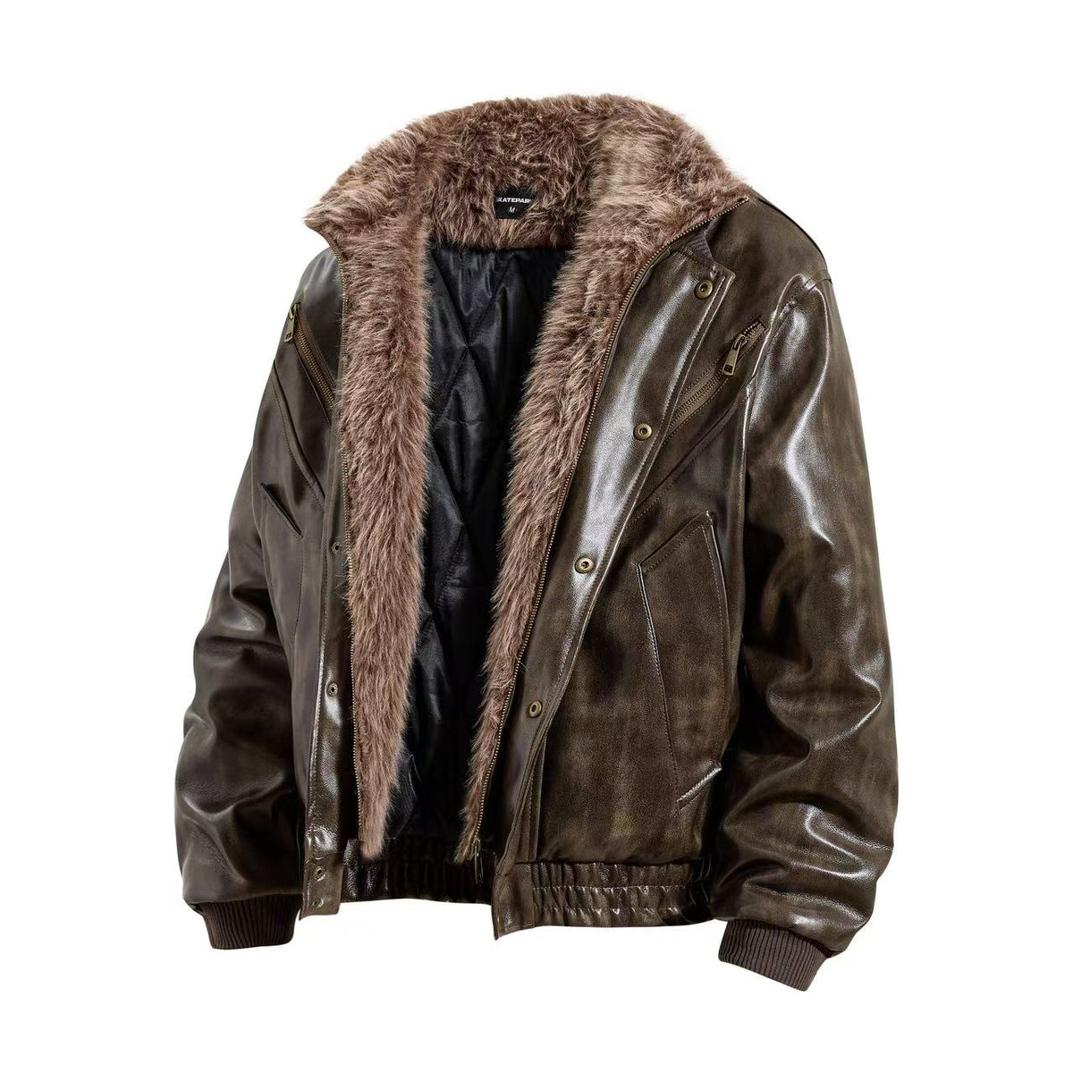 Vintage Washed Faux Leather Furry Collar Quilted Bomber Jacket