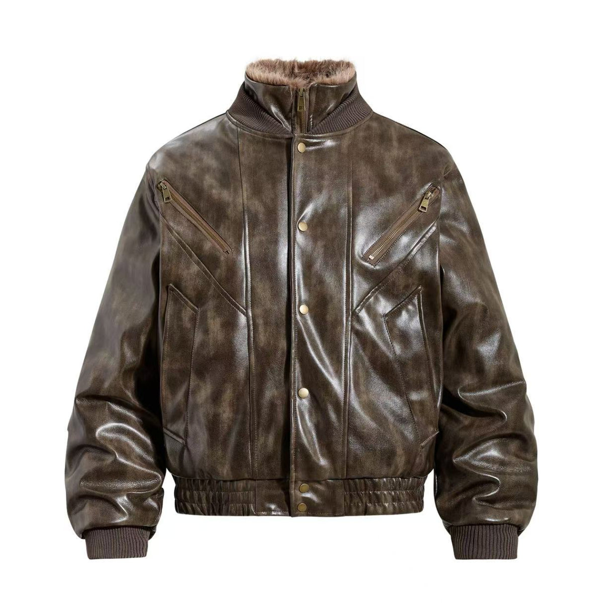 Vintage Washed Faux Leather Furry Collar Quilted Bomber Jacket