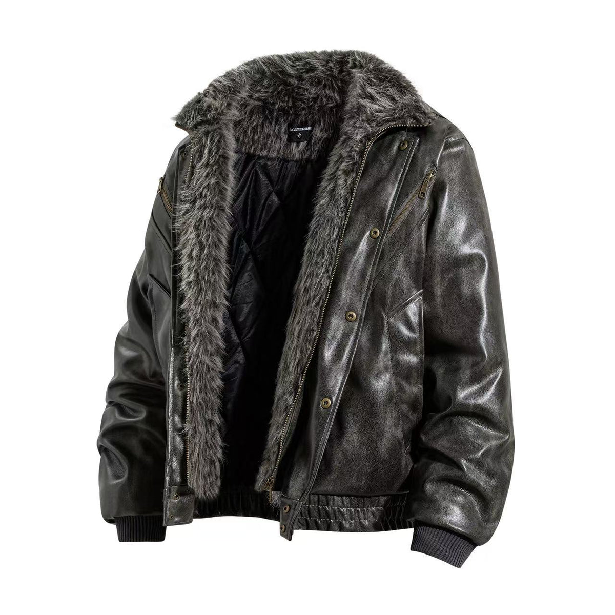 Vintage Washed Faux Leather Furry Collar Quilted Bomber Jacket