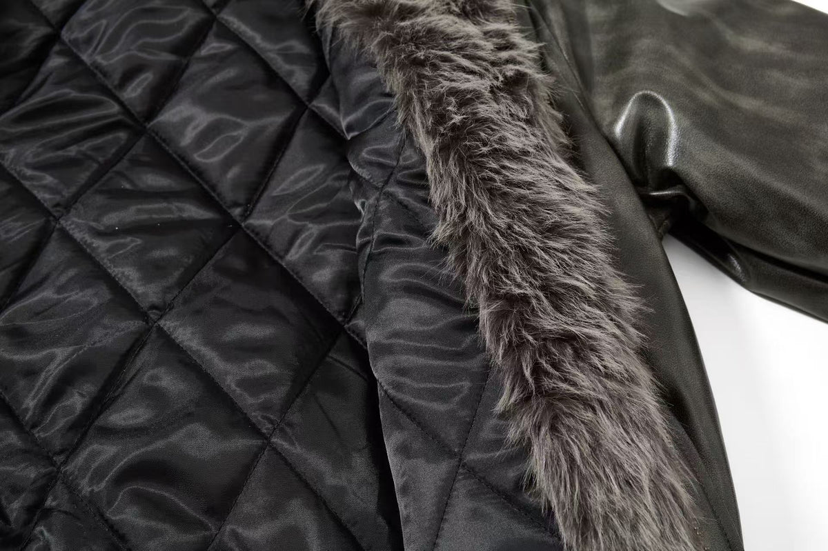 Vintage Washed Faux Leather Furry Collar Quilted Bomber Jacket