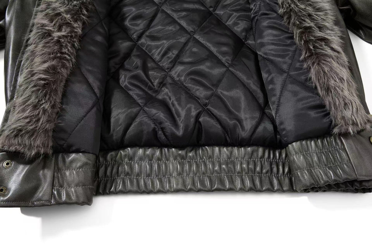 Vintage Washed Faux Leather Furry Collar Quilted Bomber Jacket