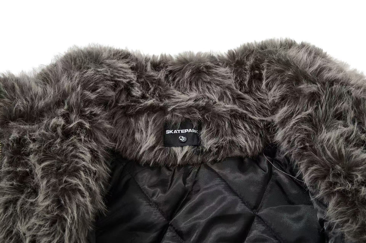 Vintage Washed Faux Leather Furry Collar Quilted Bomber Jacket