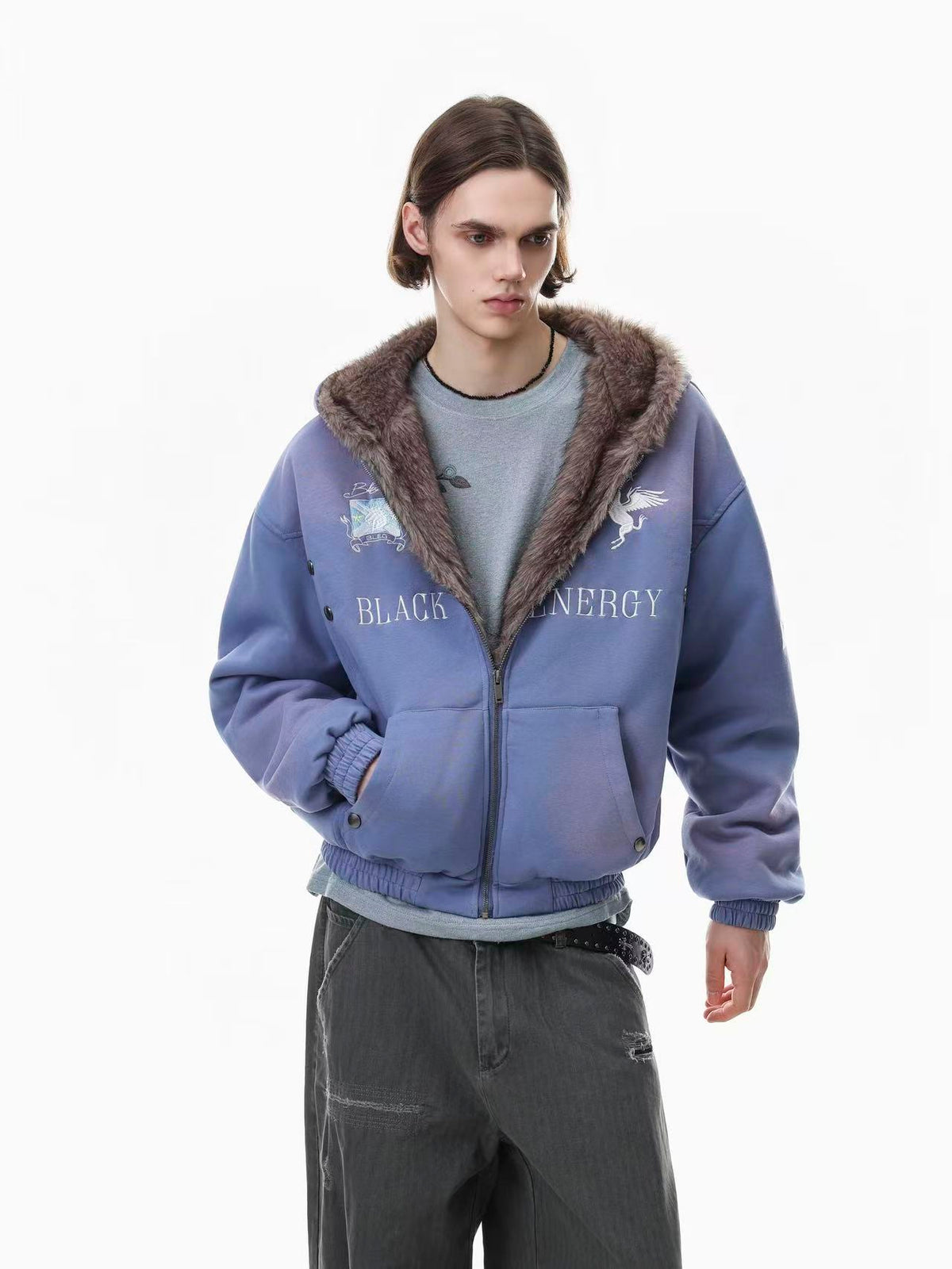 Vintage Distressed Pegasus Graphic Faux Fur Lined Zip Up Hooded Jacket