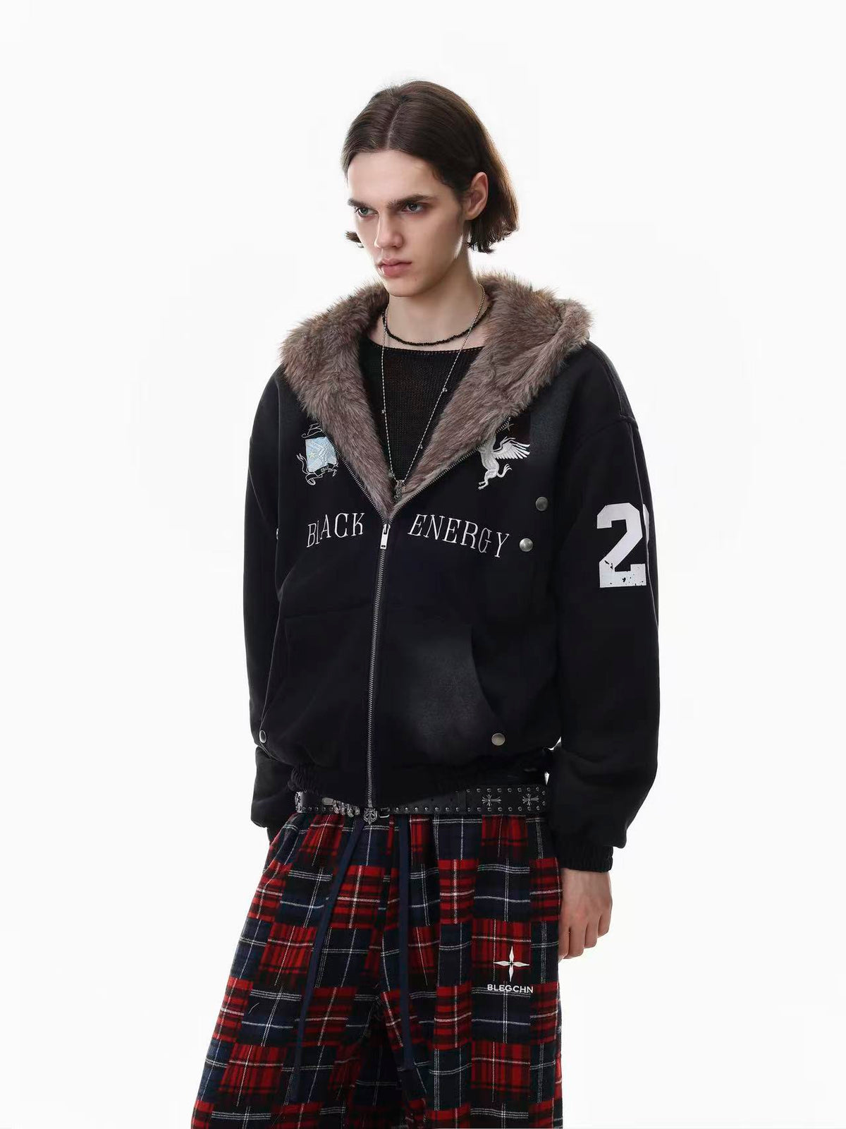 Vintage Distressed Pegasus Graphic Faux Fur Lined Zip Up Hooded Jacket