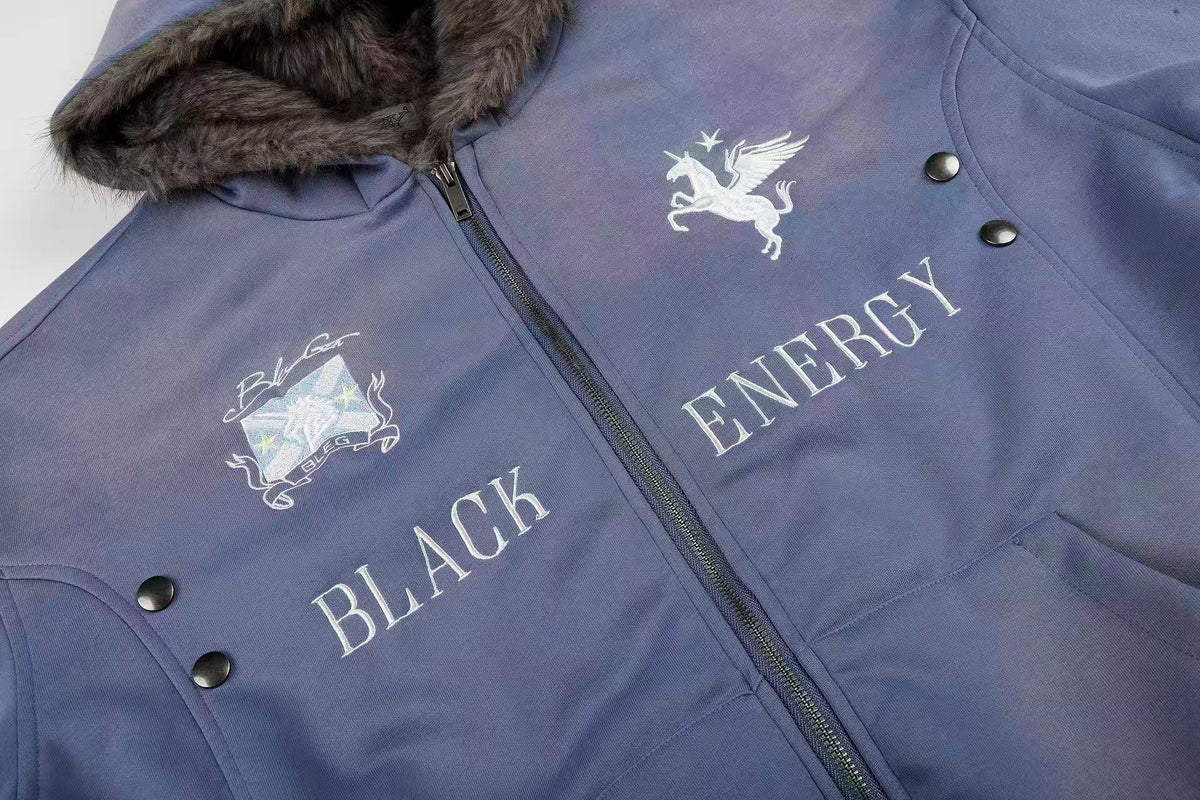 Vintage Distressed Pegasus Graphic Faux Fur Lined Zip Up Hooded Jacket
