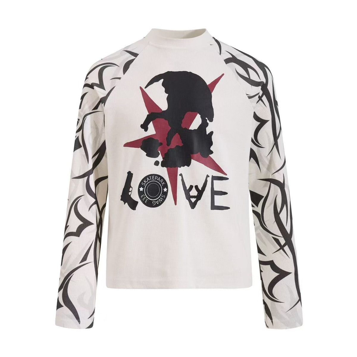 Skull Tribal Tattoo Print Raglan Waffle Knit Long Sleeve