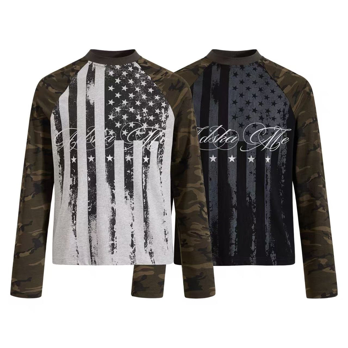 Distressed American Flag Camo Raglan Mock Neck Long Sleeve