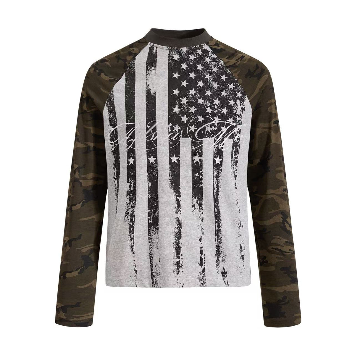 Distressed American Flag Camo Raglan Mock Neck Long Sleeve