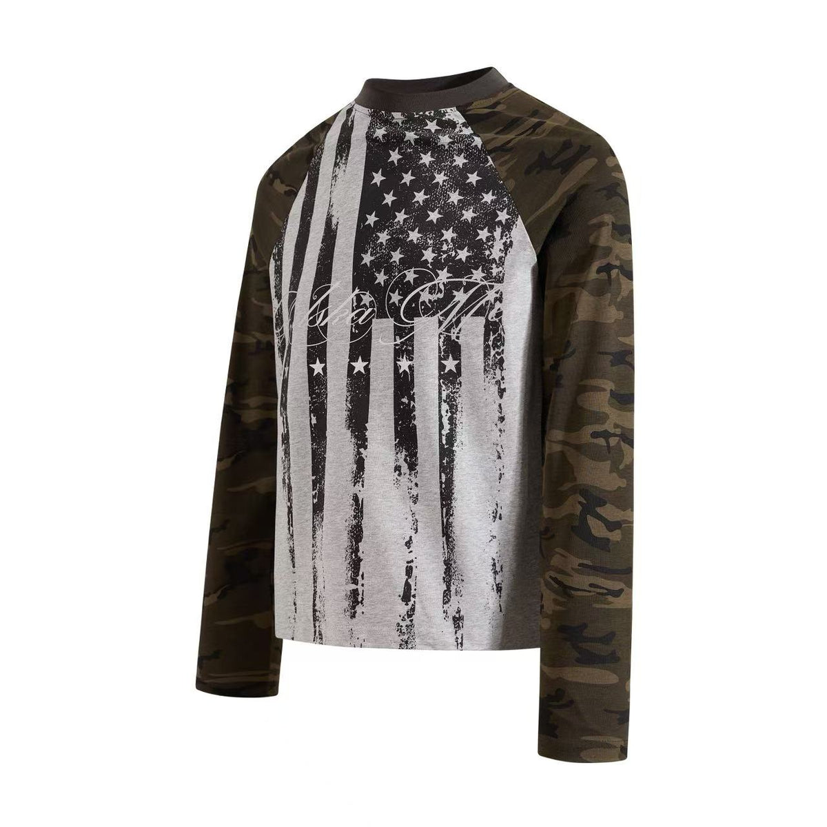 Distressed American Flag Camo Raglan Mock Neck Long Sleeve