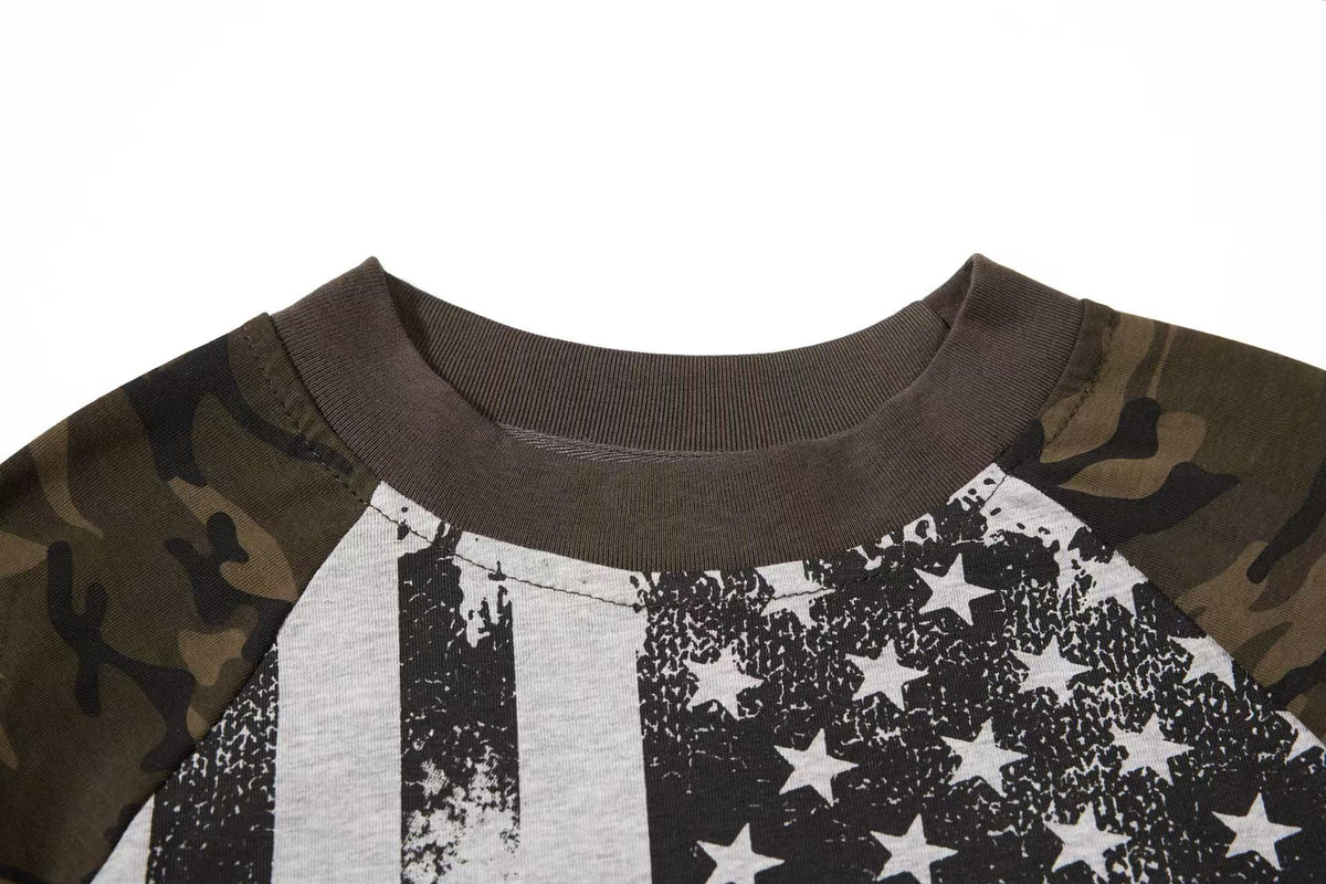 Distressed American Flag Camo Raglan Mock Neck Long Sleeve