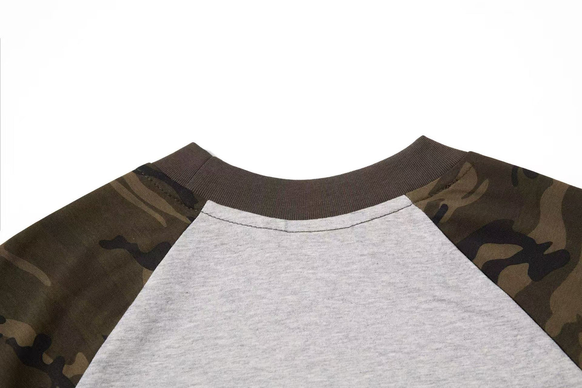 Distressed American Flag Camo Raglan Mock Neck Long Sleeve