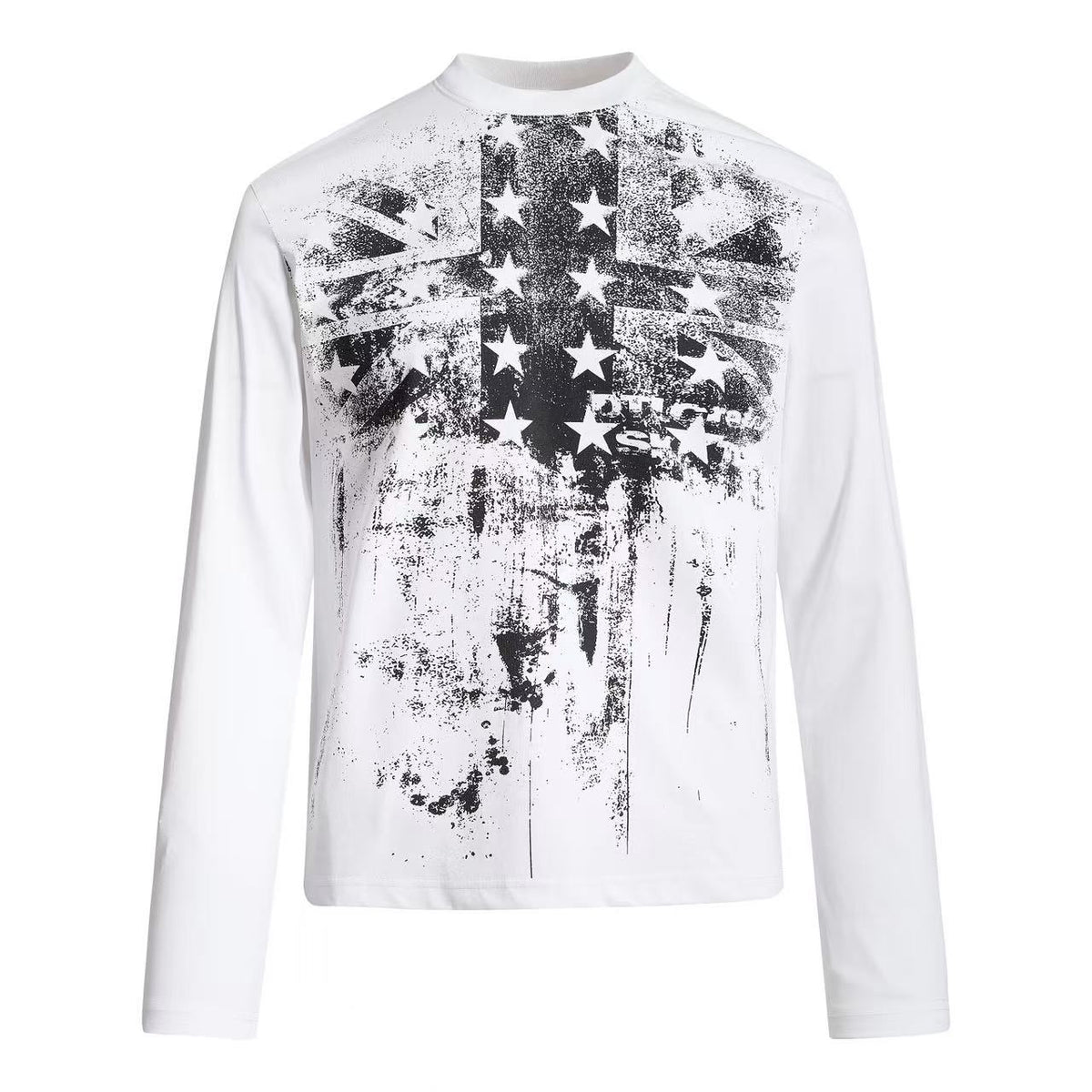 Vintage Distressed Union Jack Star Print Mock Neck Long Sleeve