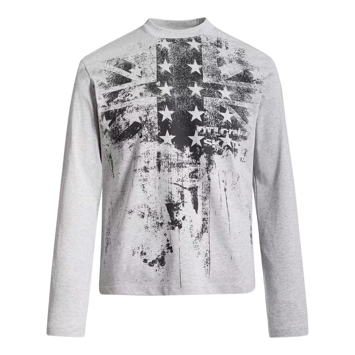Vintage Distressed Union Jack Star Print Mock Neck Long Sleeve
