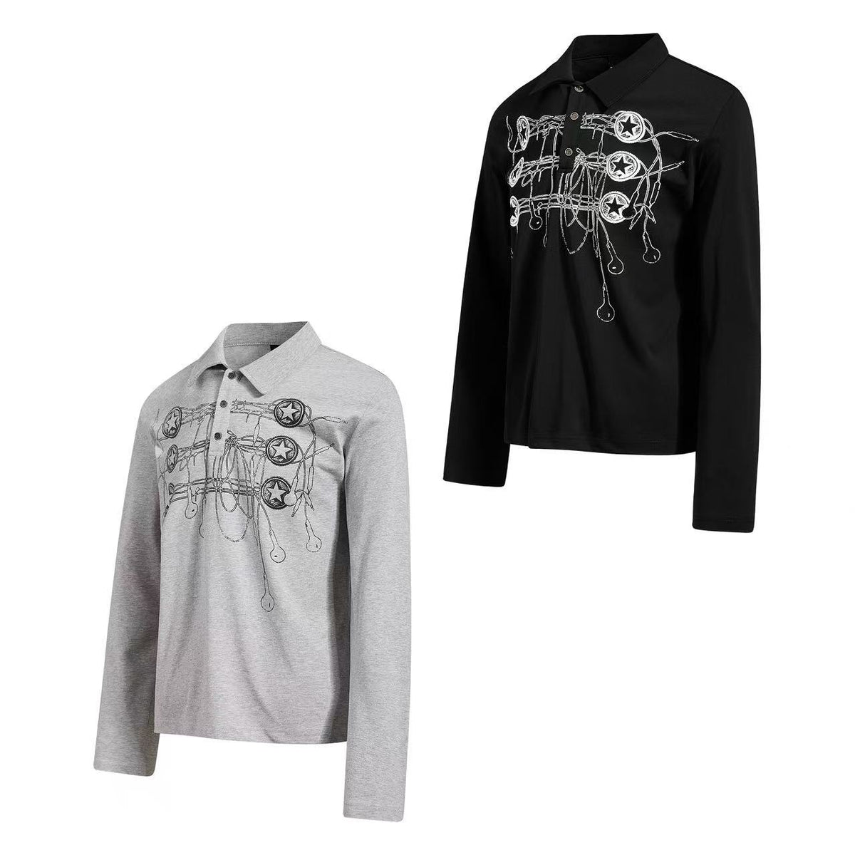 Barbed Wire Star Graphic Long Sleeve Polo Shirt