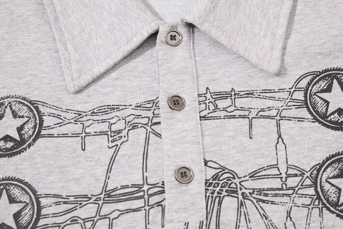 Barbed Wire Star Graphic Long Sleeve Polo Shirt