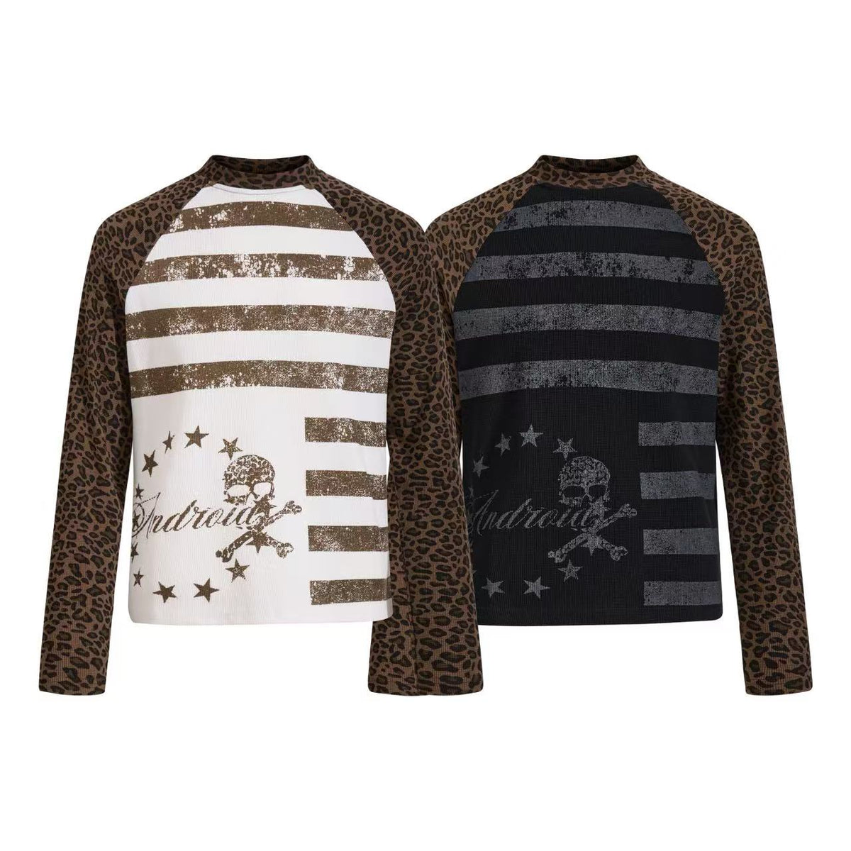 Leopard Raglan Skull Flag Print Mock Neck Waffle Long Sleeve