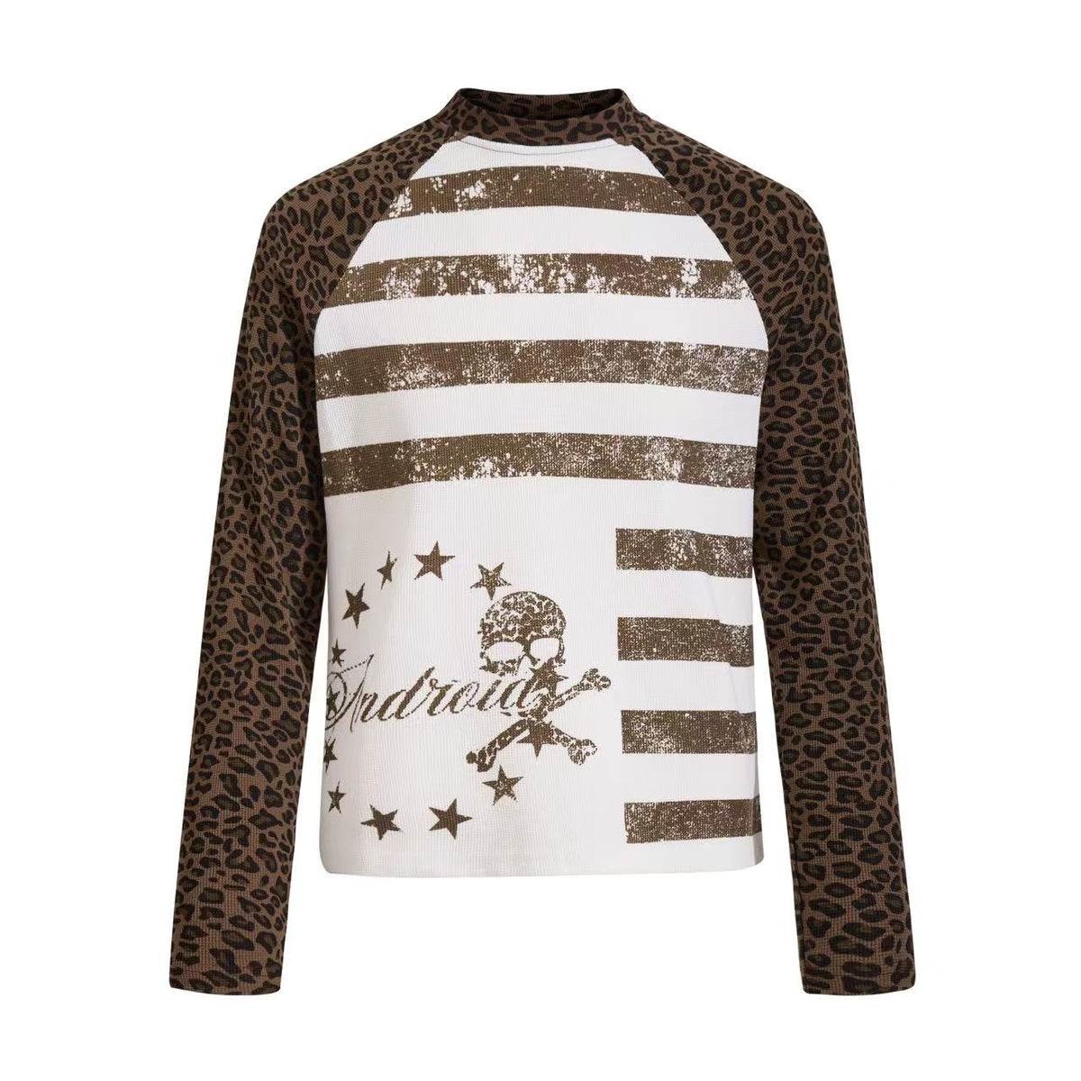Leopard Raglan Skull Flag Print Mock Neck Waffle Long Sleeve