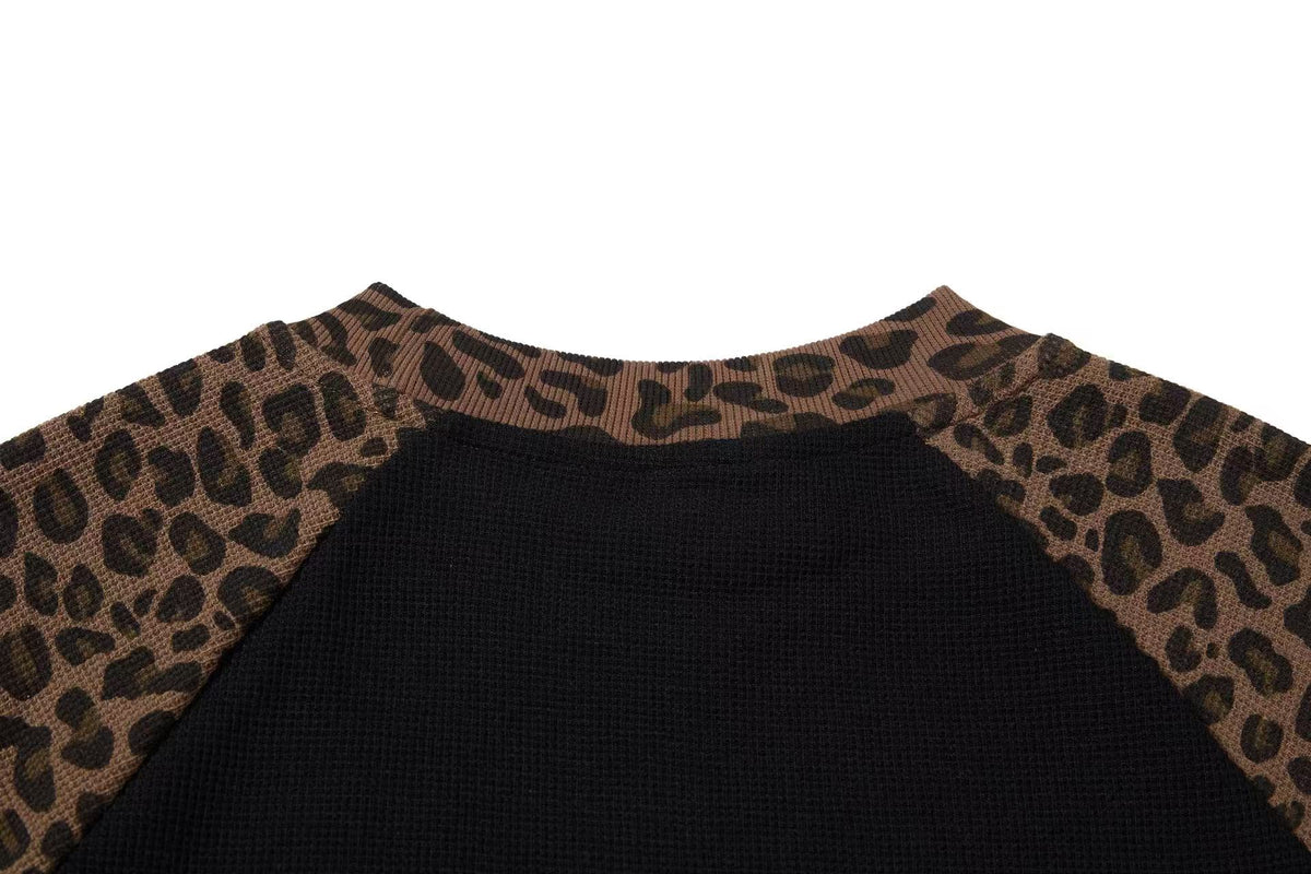 Leopard Raglan Skull Flag Print Mock Neck Waffle Long Sleeve