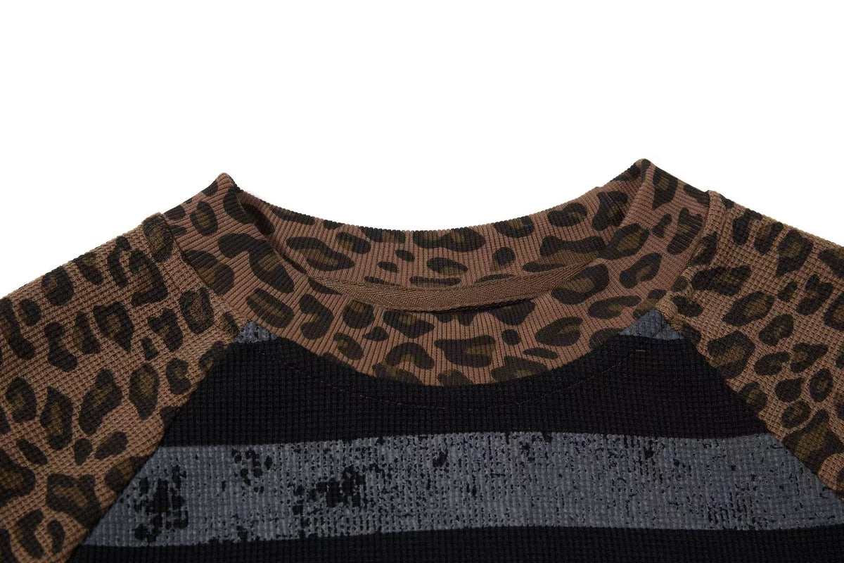 Leopard Raglan Skull Flag Print Mock Neck Waffle Long Sleeve