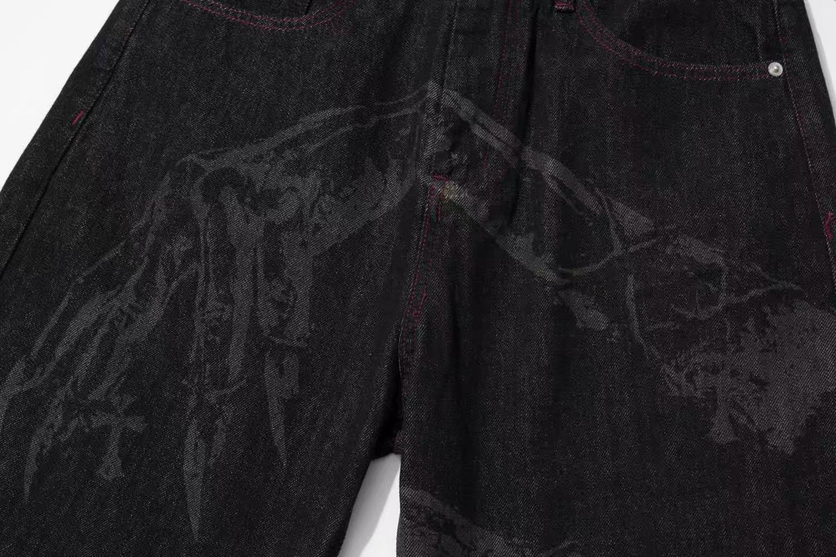 Dark Dragon Claw Graphic Wide Leg Black Denim Jeans