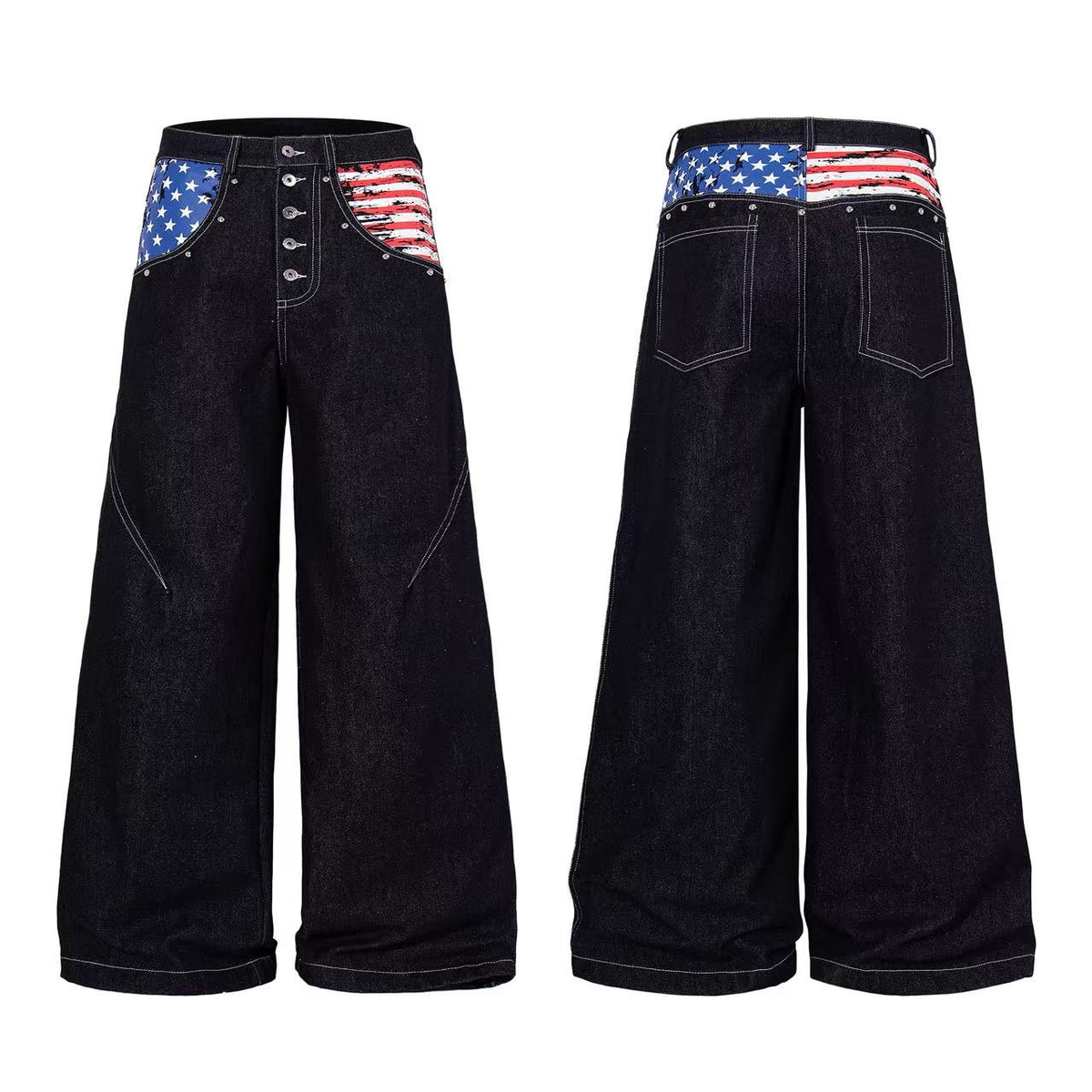 Vintage American Flag Patchwork Rivet Wide Leg Jeans