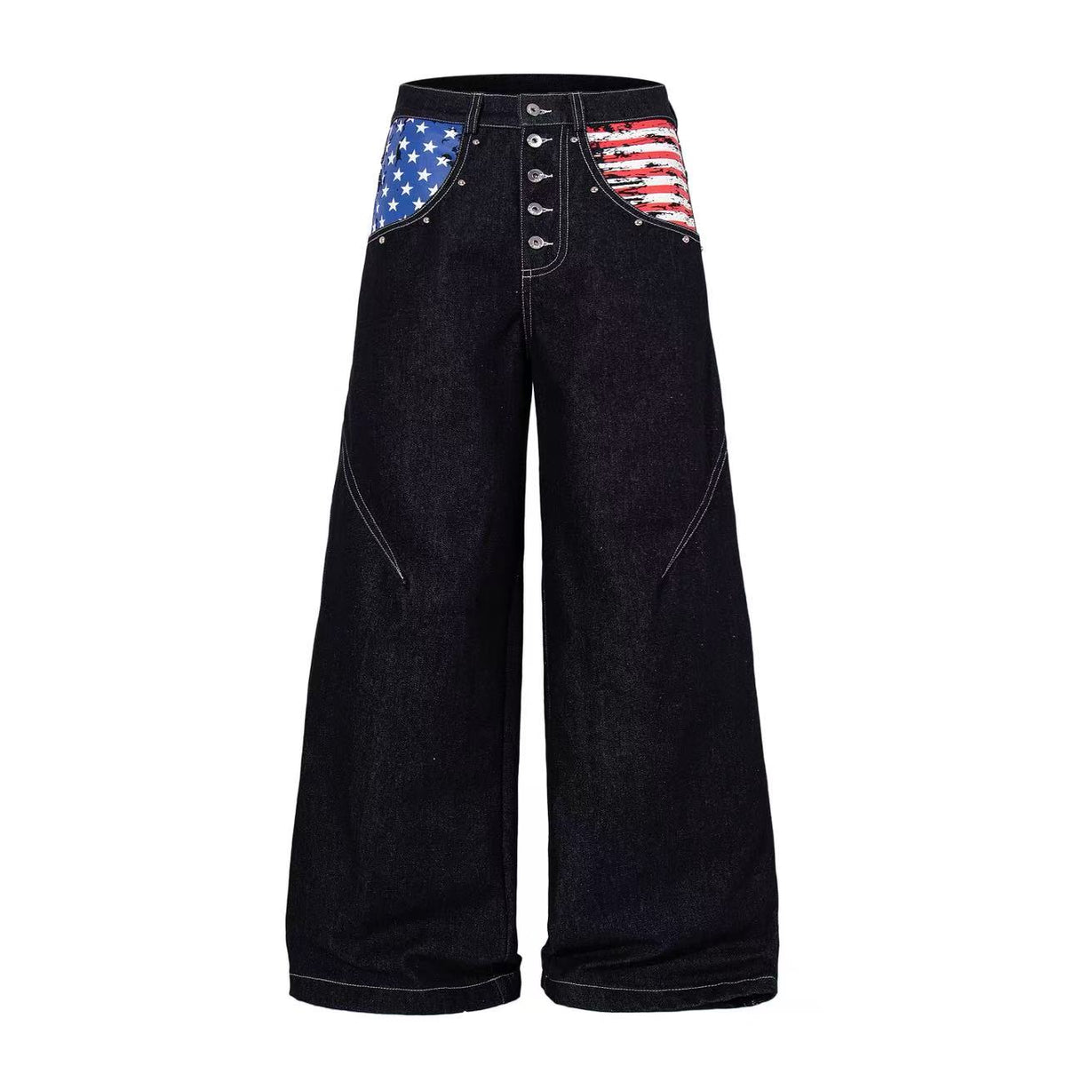 Vintage American Flag Patchwork Rivet Wide Leg Jeans