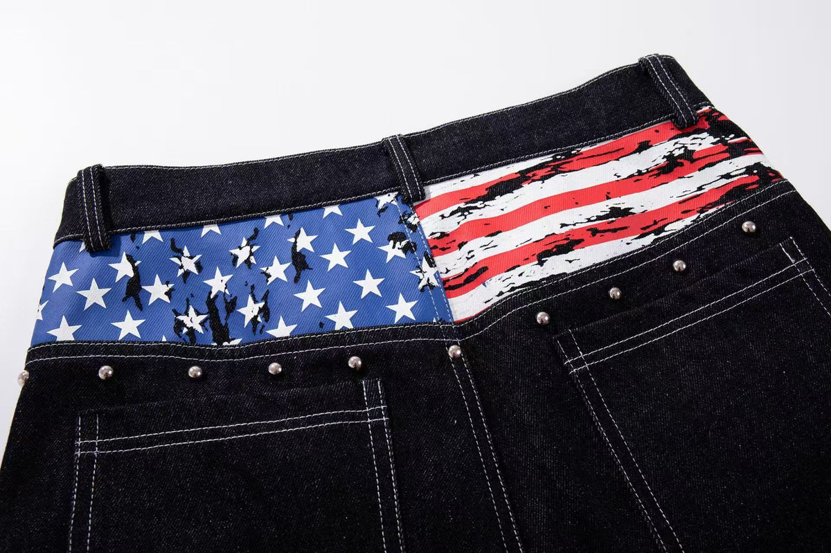 Vintage American Flag Patchwork Rivet Wide Leg Jeans