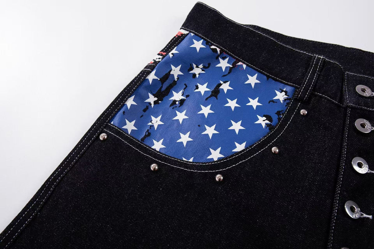 Vintage American Flag Patchwork Rivet Wide Leg Jeans