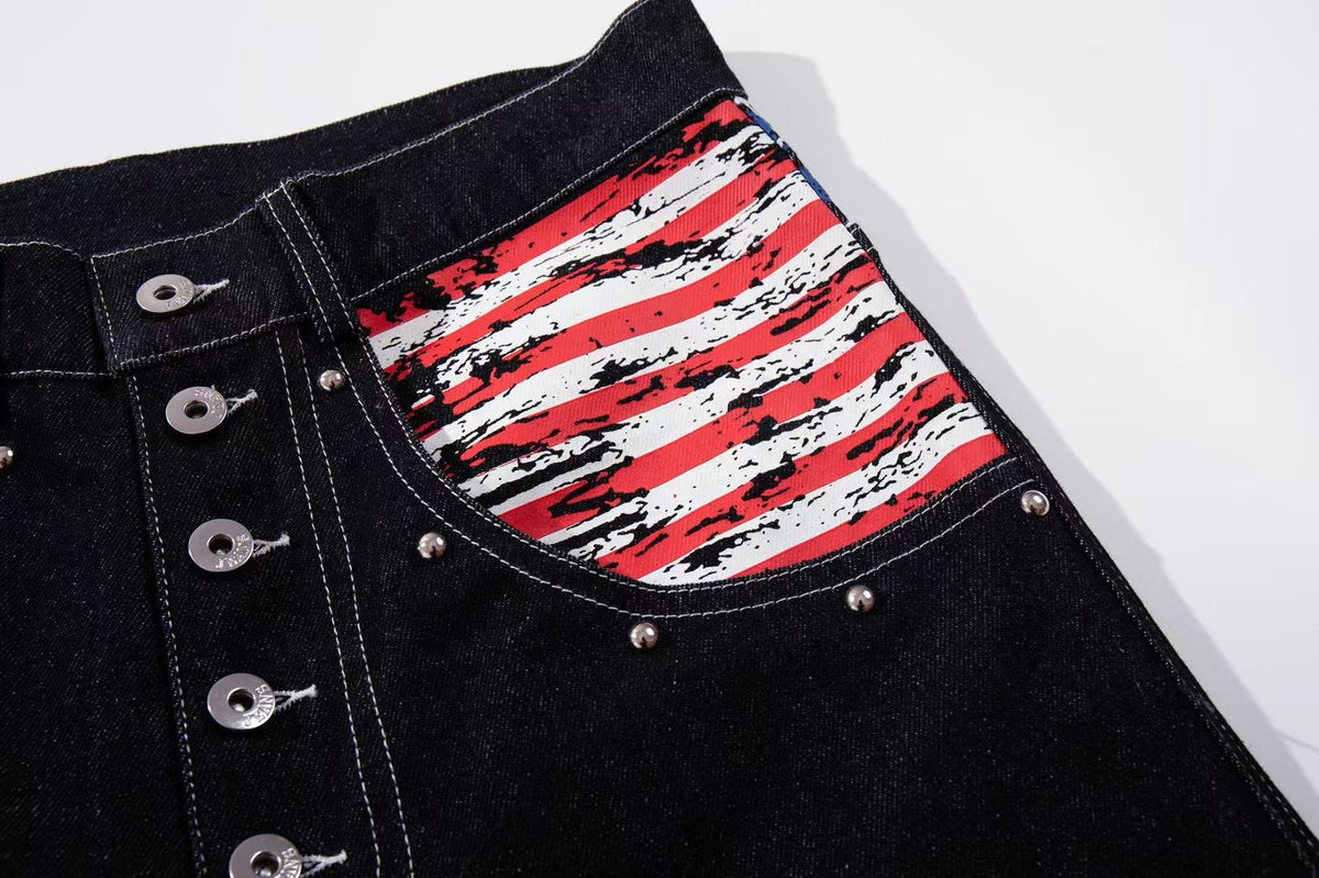 Vintage American Flag Patchwork Rivet Wide Leg Jeans