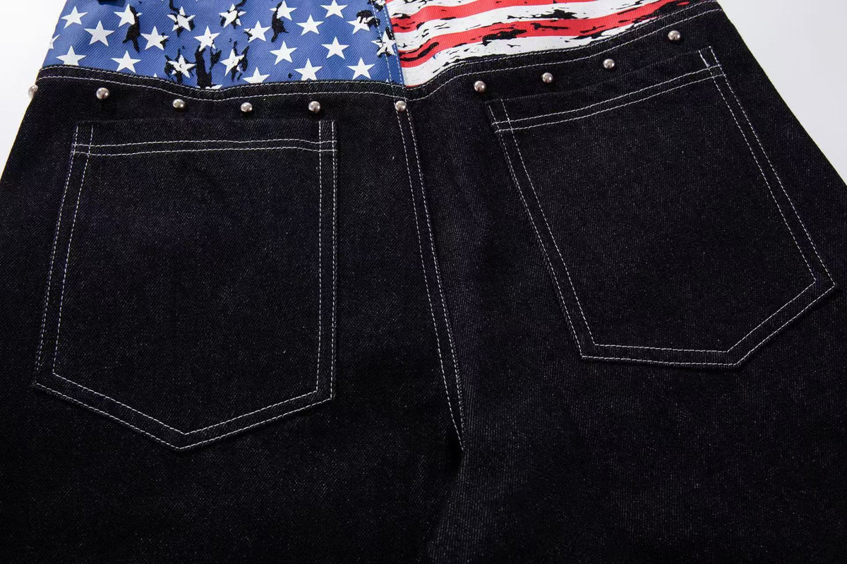 Vintage American Flag Patchwork Rivet Wide Leg Jeans