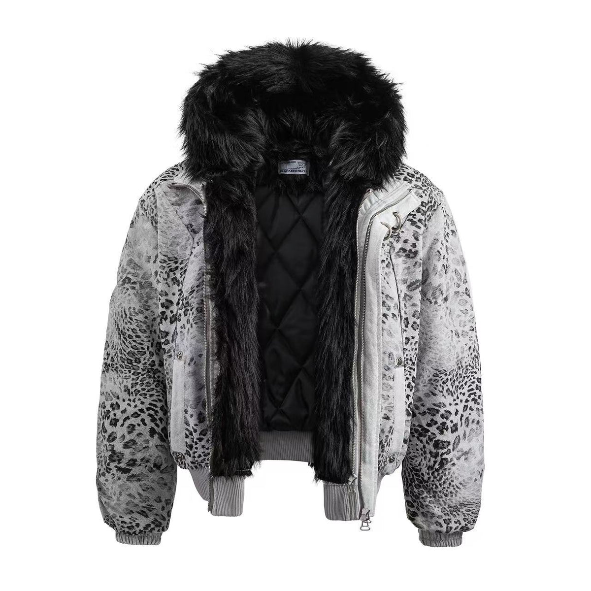 Leopard Print Faux Fur Collar Double Zip Bomber Jacket