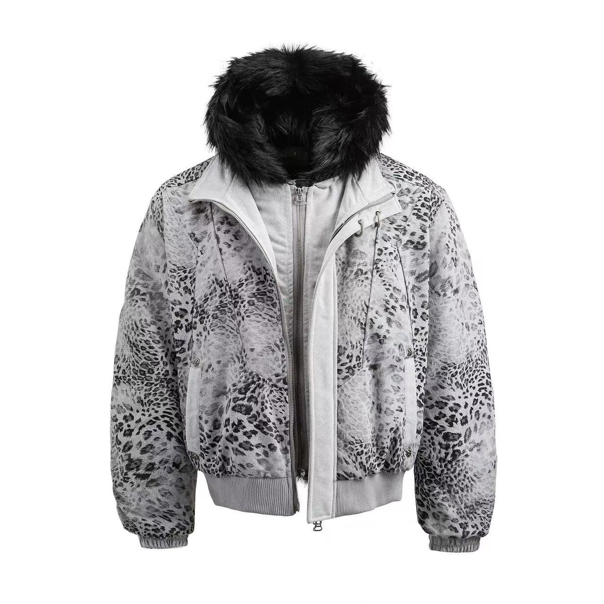 Leopard Print Faux Fur Collar Double Zip Bomber Jacket