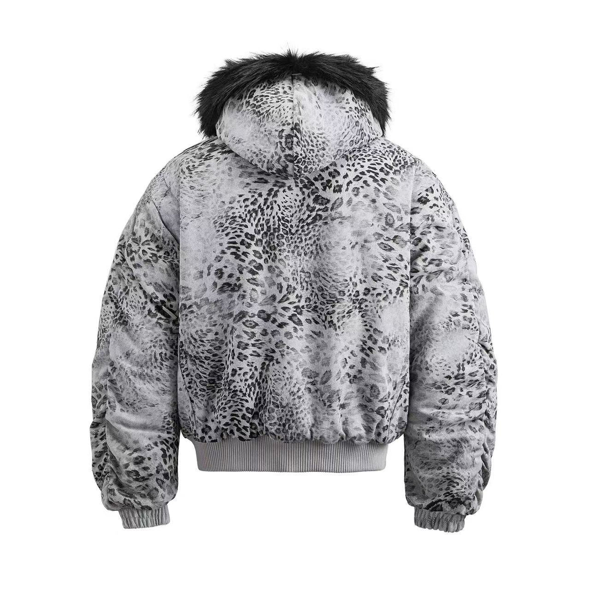 Leopard Print Faux Fur Collar Double Zip Bomber Jacket