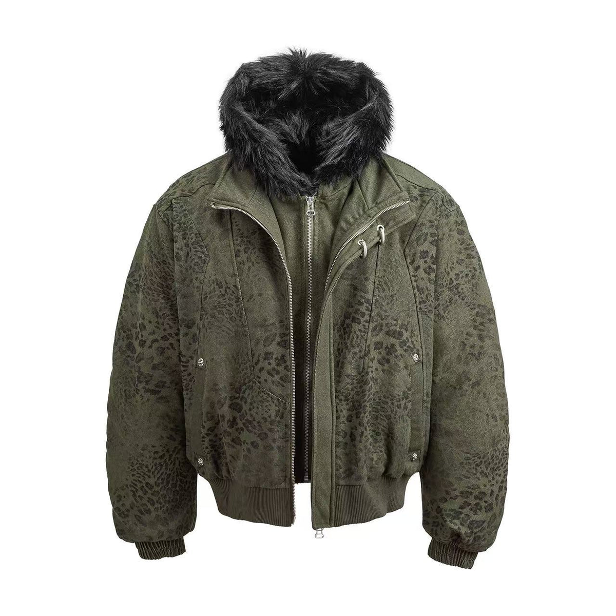 Leopard Print Faux Fur Collar Double Zip Bomber Jacket