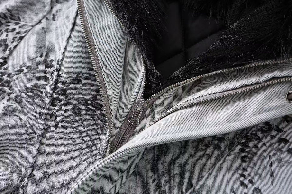 Leopard Print Faux Fur Collar Double Zip Bomber Jacket