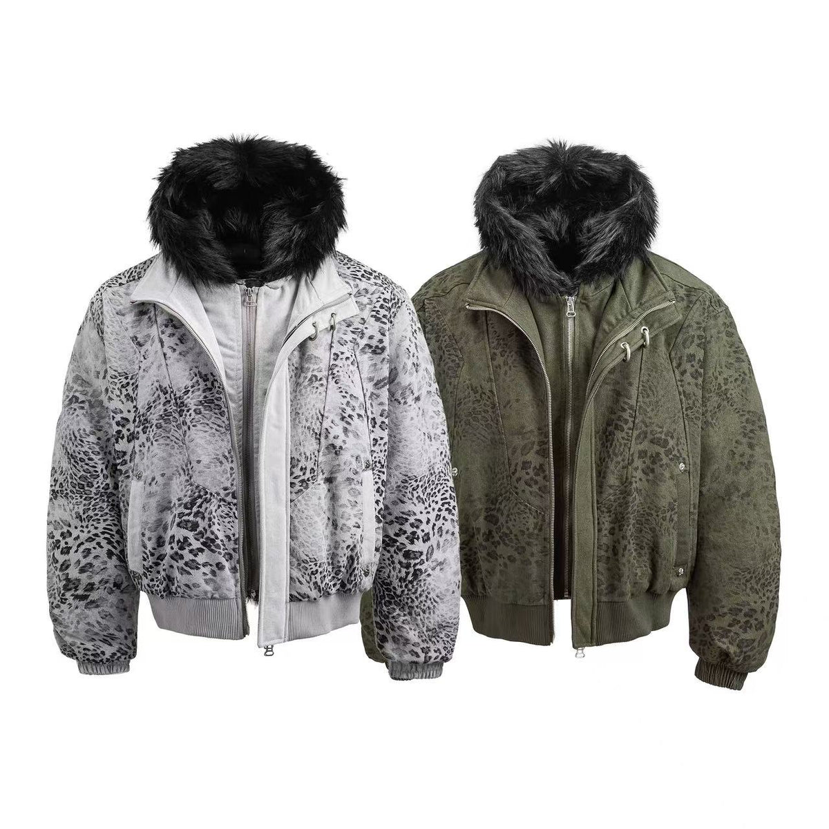 Leopard Print Faux Fur Collar Double Zip Bomber Jacket