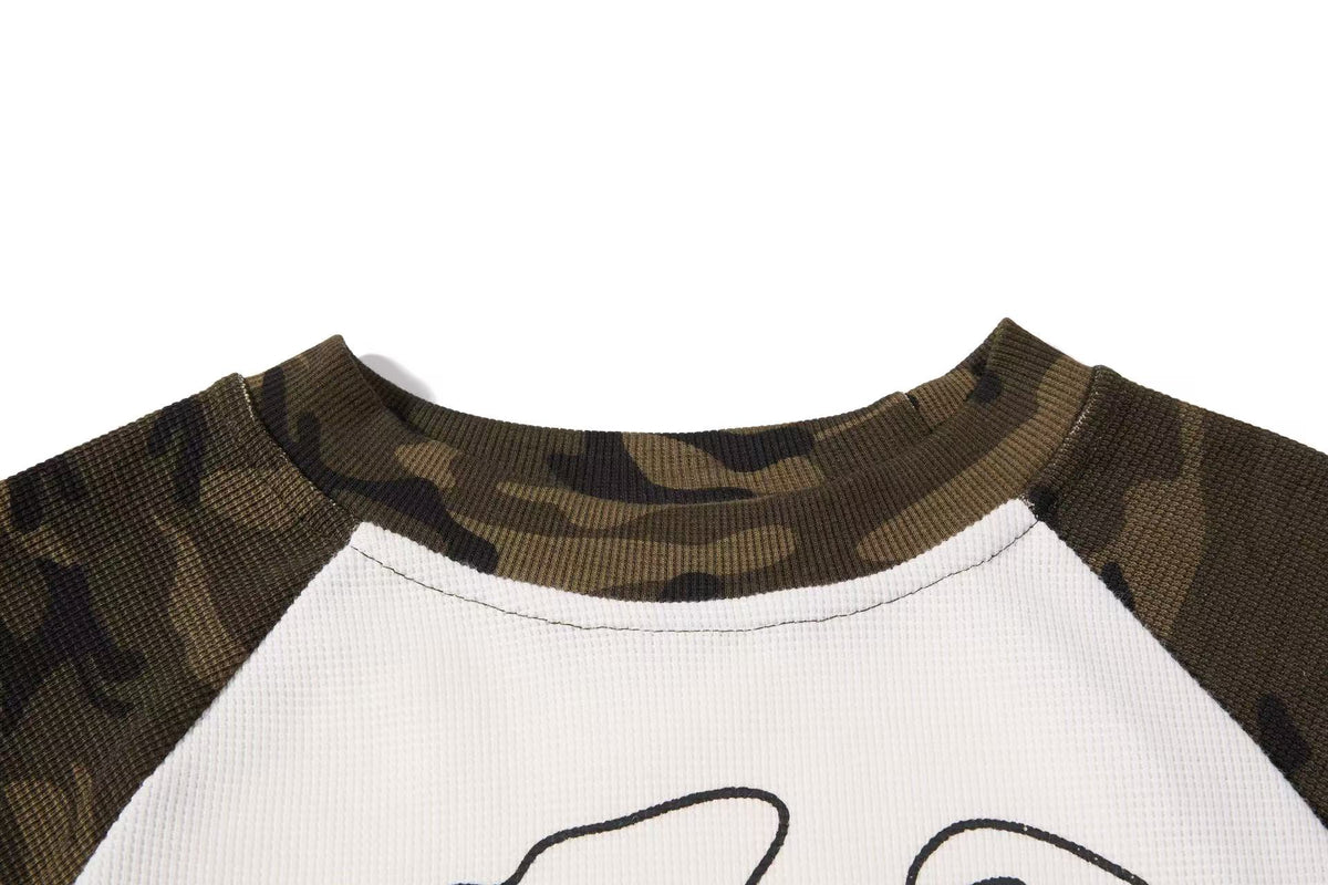 Cropped Camouflage Raglan Skull Waffle Long Sleeve