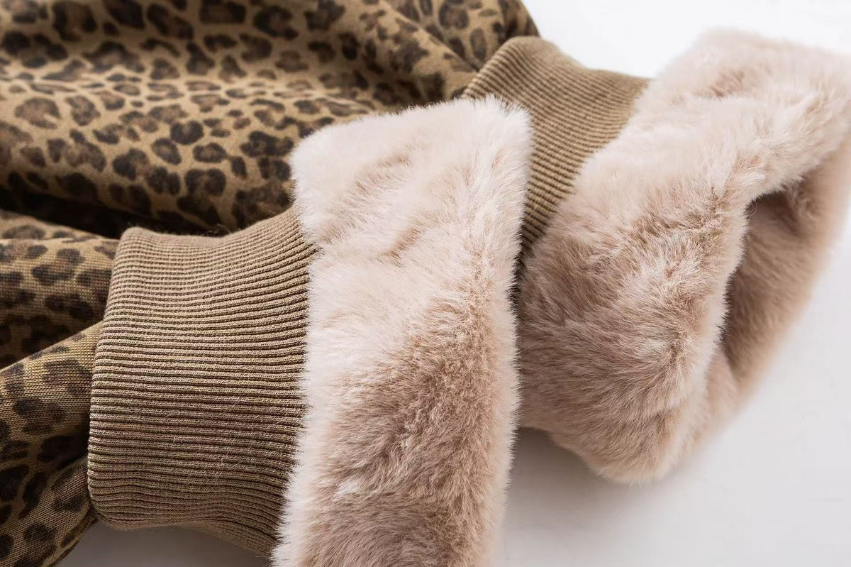 Faux Fur Hood Leopard Print Military Decorative Strap Zip Up Bomber Jacket