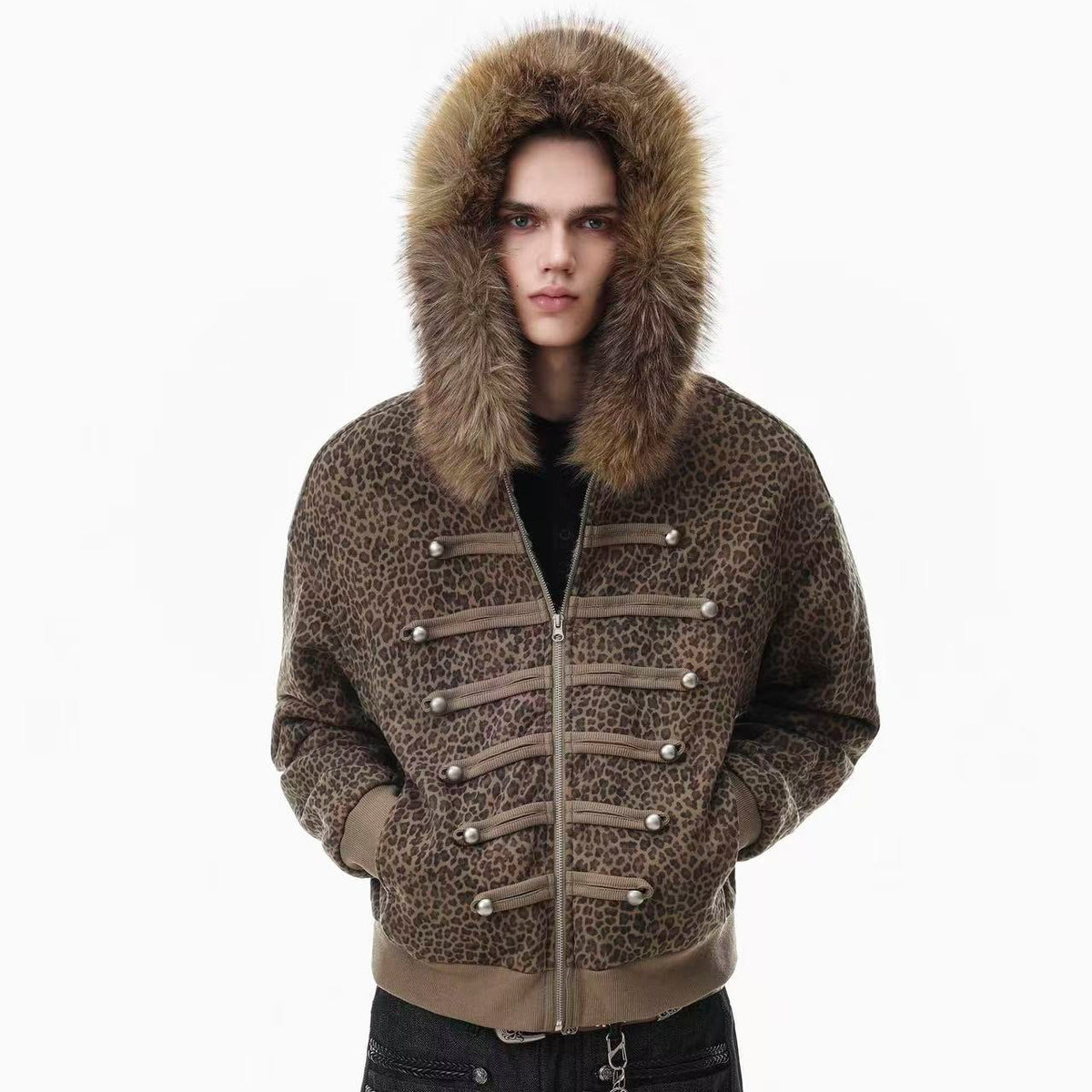 Faux Fur Hood Leopard Print Military Decorative Strap Zip Up Bomber Jacket