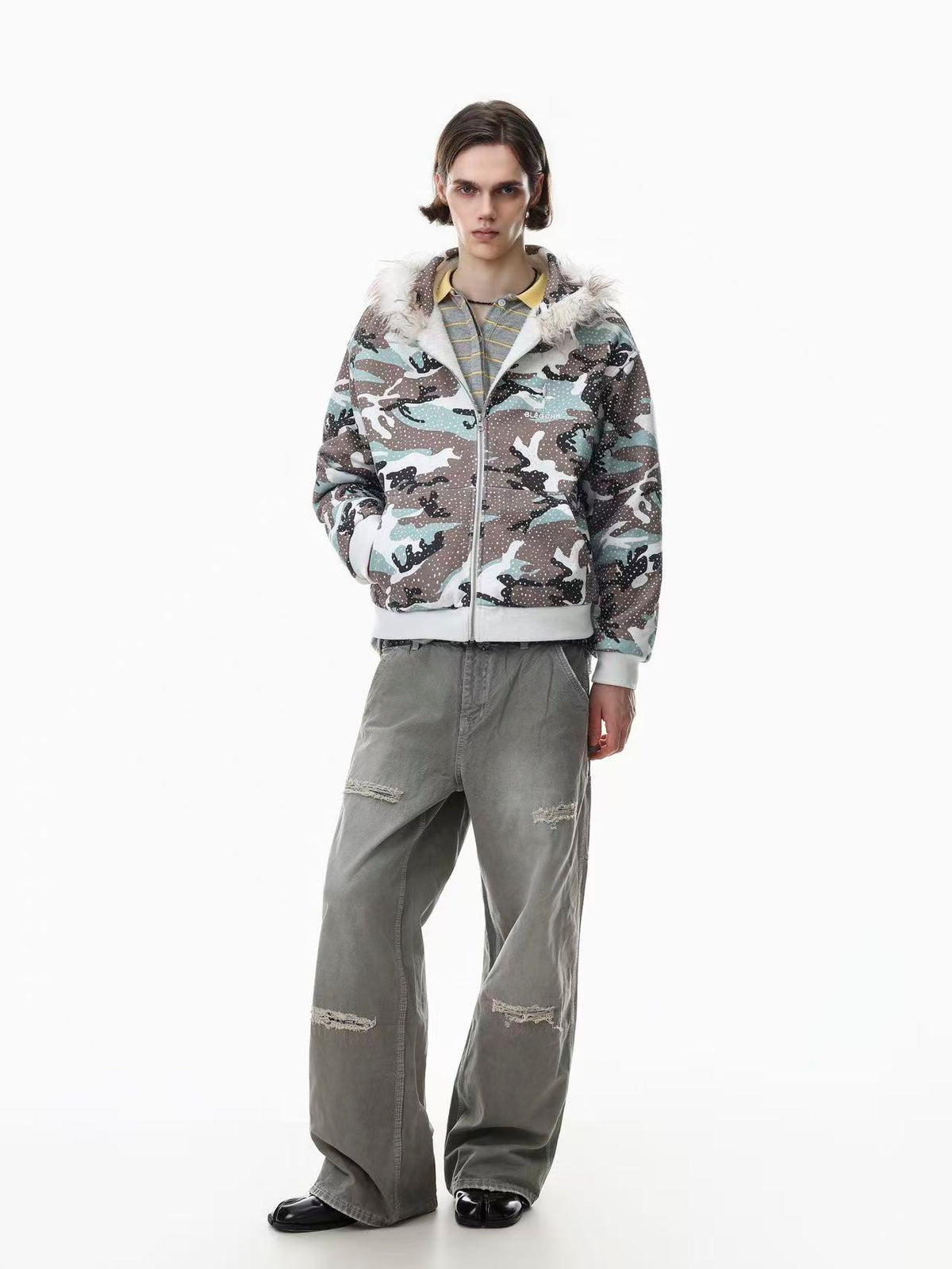 Faux Fur Hooded Star Dot Camo Print Zip-Up Padded Bomber Jacket