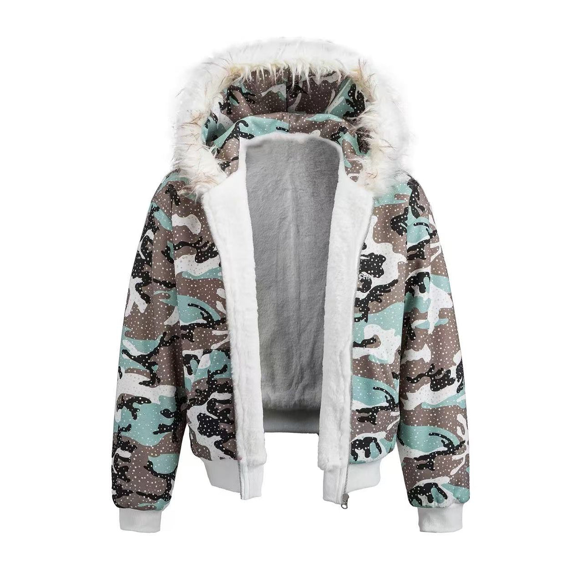Faux Fur Hooded Star Dot Camo Print Zip-Up Padded Bomber Jacket