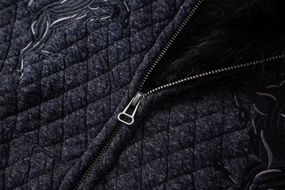 Diamond Quilted Faux Fur Lined Hood Horse Embroidery Star Patch Zip‑Up Jacket