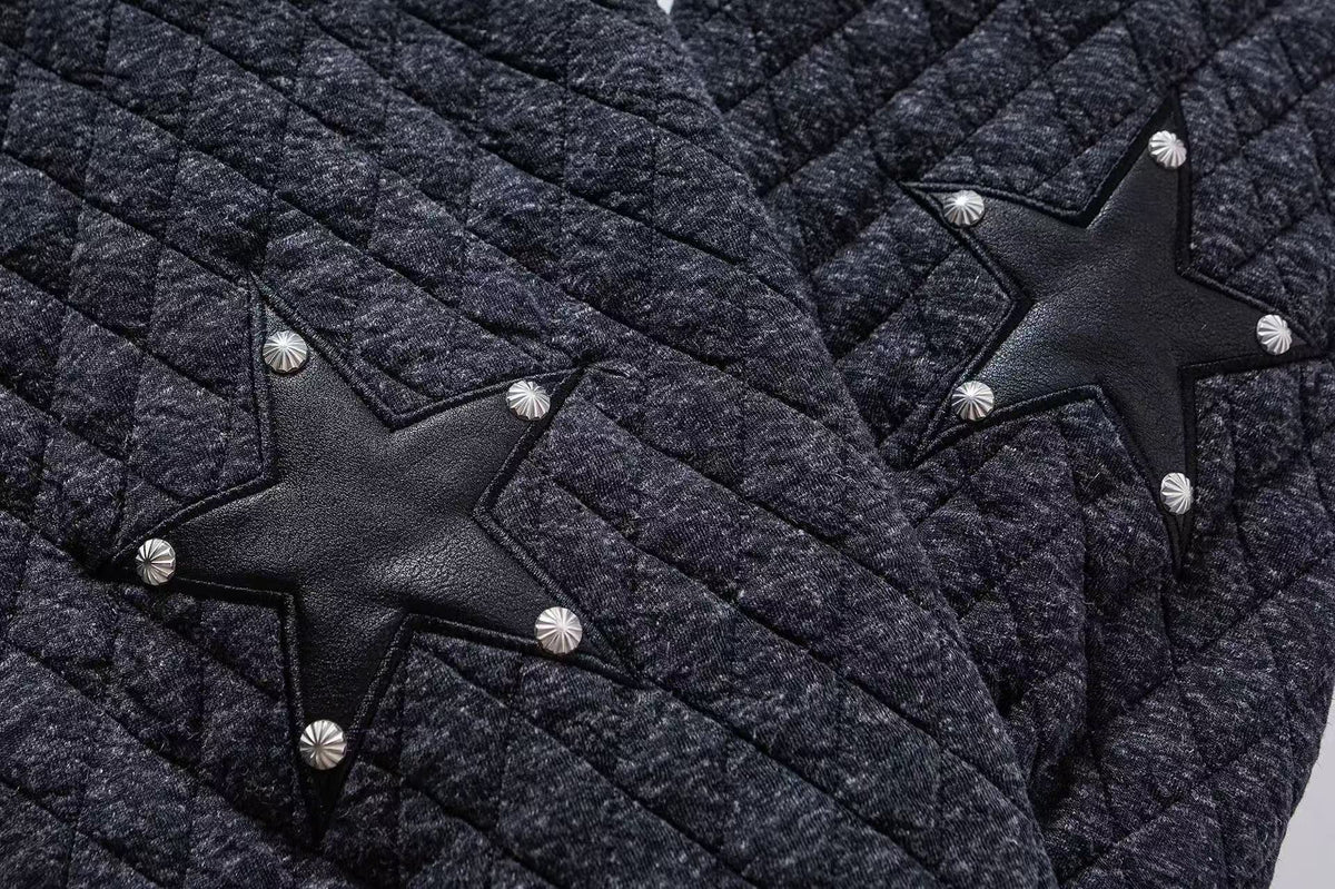 Diamond Quilted Faux Fur Lined Hood Horse Embroidery Star Patch Zip‑Up Jacket