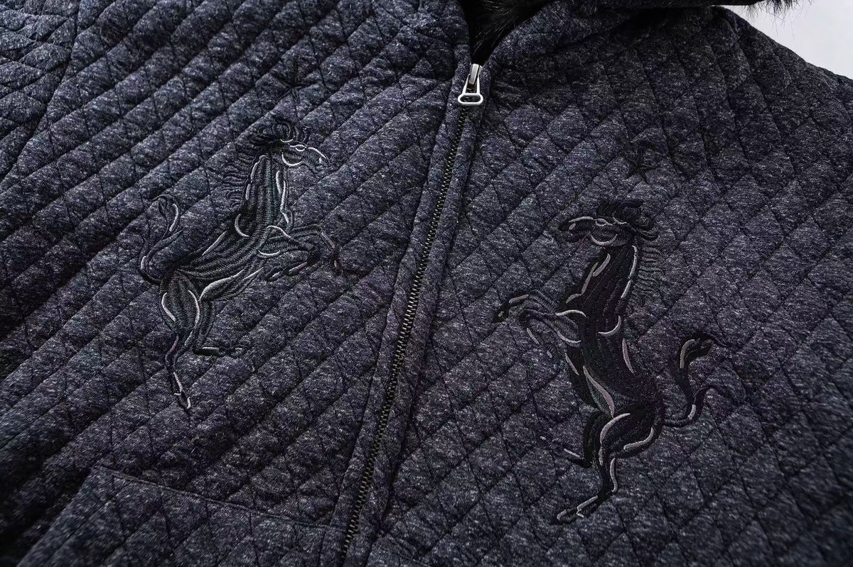 Diamond Quilted Faux Fur Lined Hood Horse Embroidery Star Patch Zip‑Up Jacket