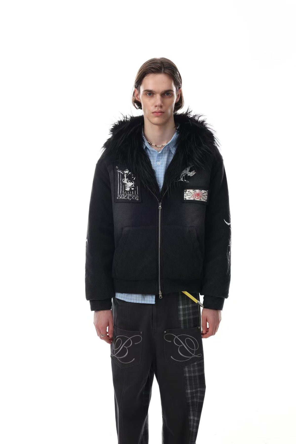 Faux Fur Hooded Graffiti Graphic Patch Zip‑Up Bomber Jacket
