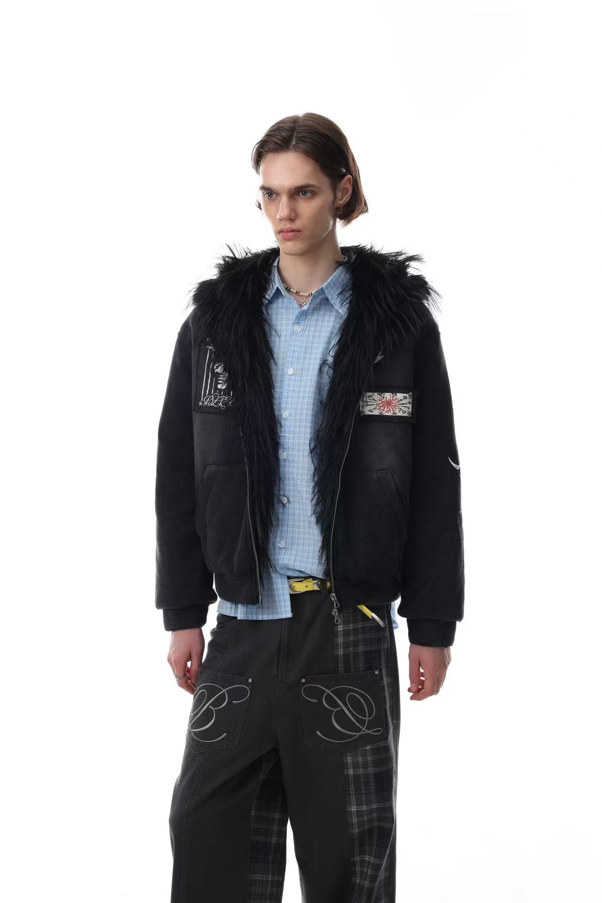 Faux Fur Hooded Graffiti Graphic Patch Zip‑Up Bomber Jacket