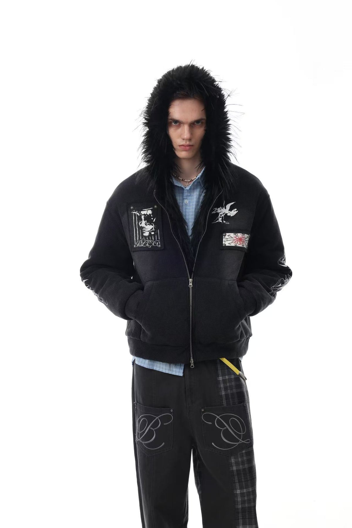 Faux Fur Hooded Graffiti Graphic Patch Zip‑Up Bomber Jacket