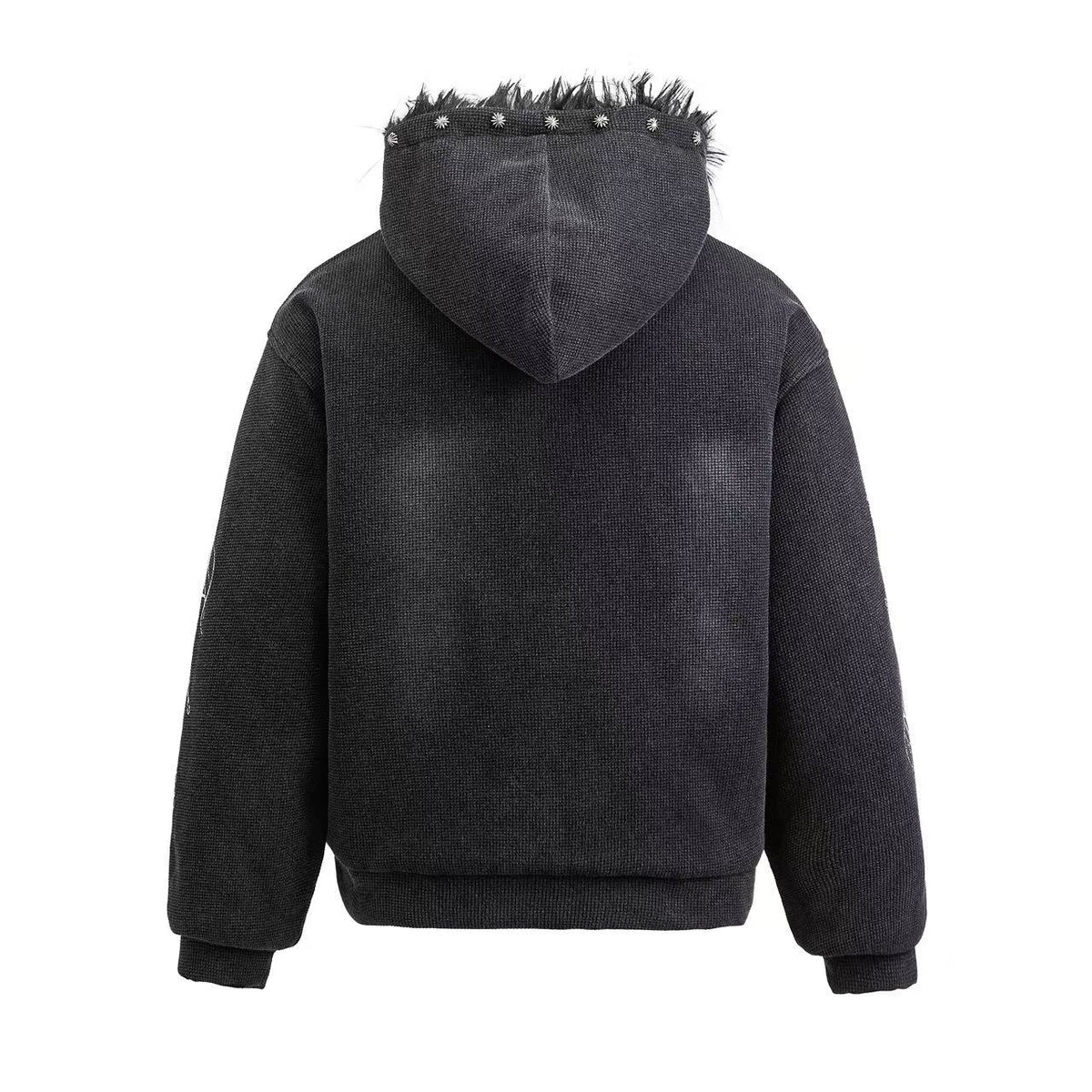 Faux Fur Hooded Graffiti Graphic Patch Zip‑Up Bomber Jacket