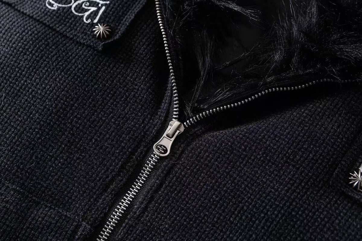 Faux Fur Hooded Graffiti Graphic Patch Zip‑Up Bomber Jacket