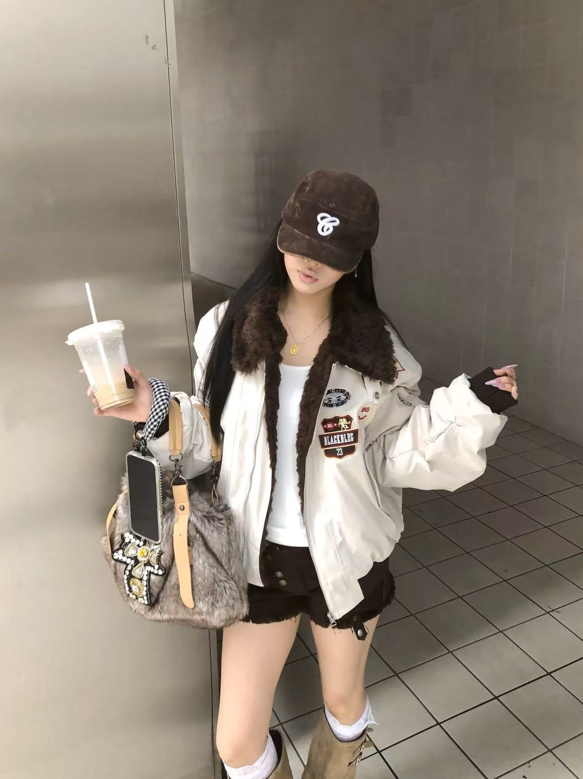 Faux Shearling Collar Multi‑Patch Decor Zip‑Up Bomber Jacket